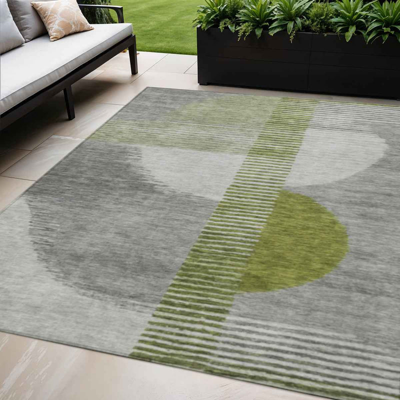 5' X 8' Olive Green And Gray Geometric Washable Indoor Outdoor Area Rug