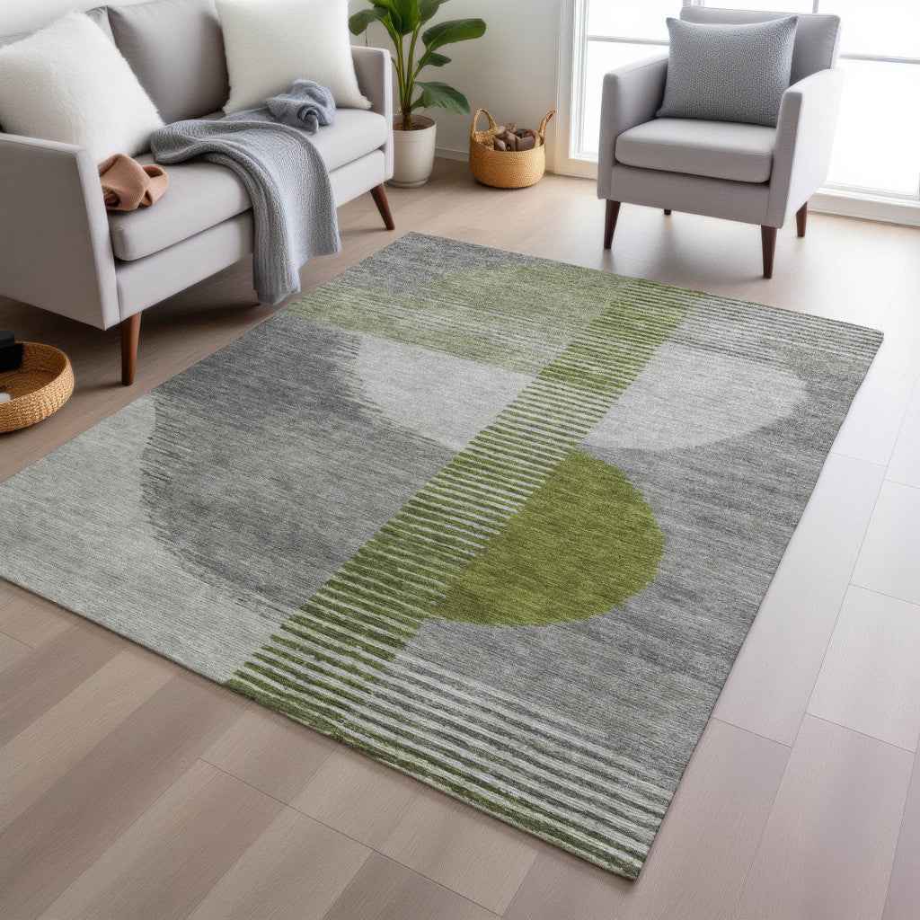 5' X 8' Olive Green And Gray Geometric Washable Indoor Outdoor Area Rug