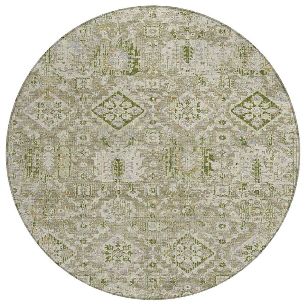 8' Fern Green And Beige Round Floral Medallion Washable Indoor Outdoor Area Rug