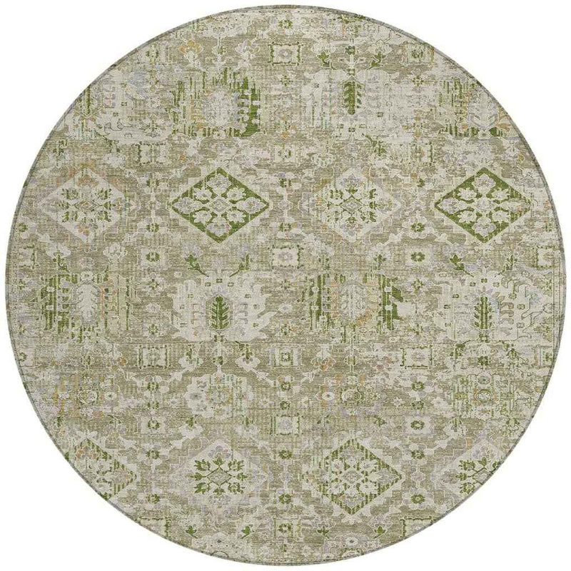 8' Fern Green And Beige Round Floral Medallion Washable Indoor Outdoor Area Rug