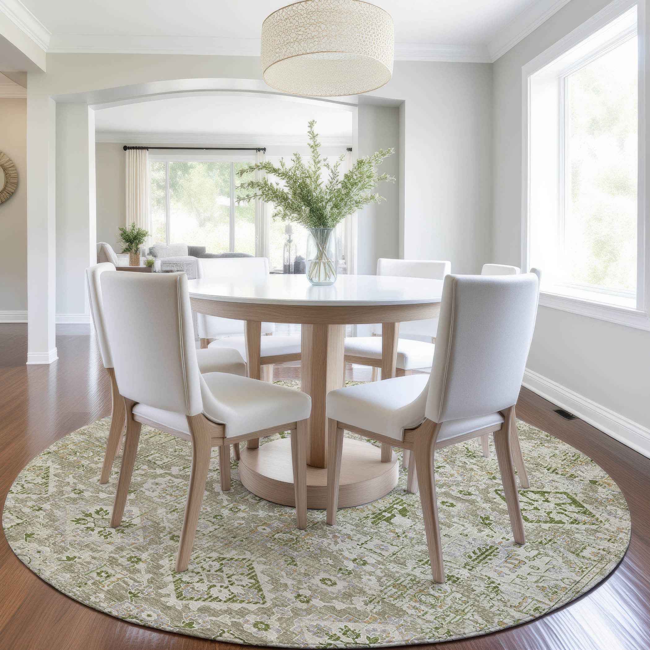 8' Fern Green And Beige Round Floral Medallion Washable Indoor Outdoor Area Rug