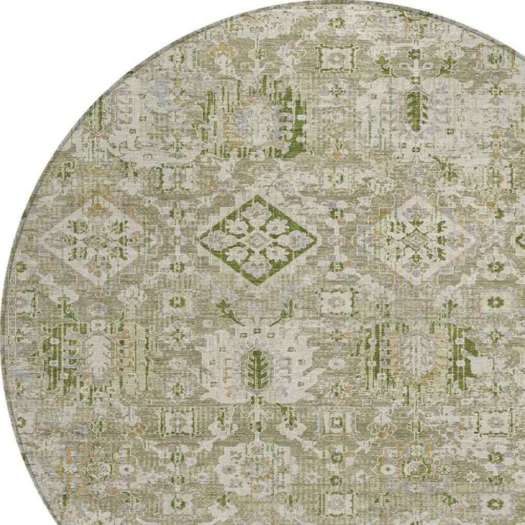 8' Fern Green And Beige Round Floral Medallion Washable Indoor Outdoor Area Rug