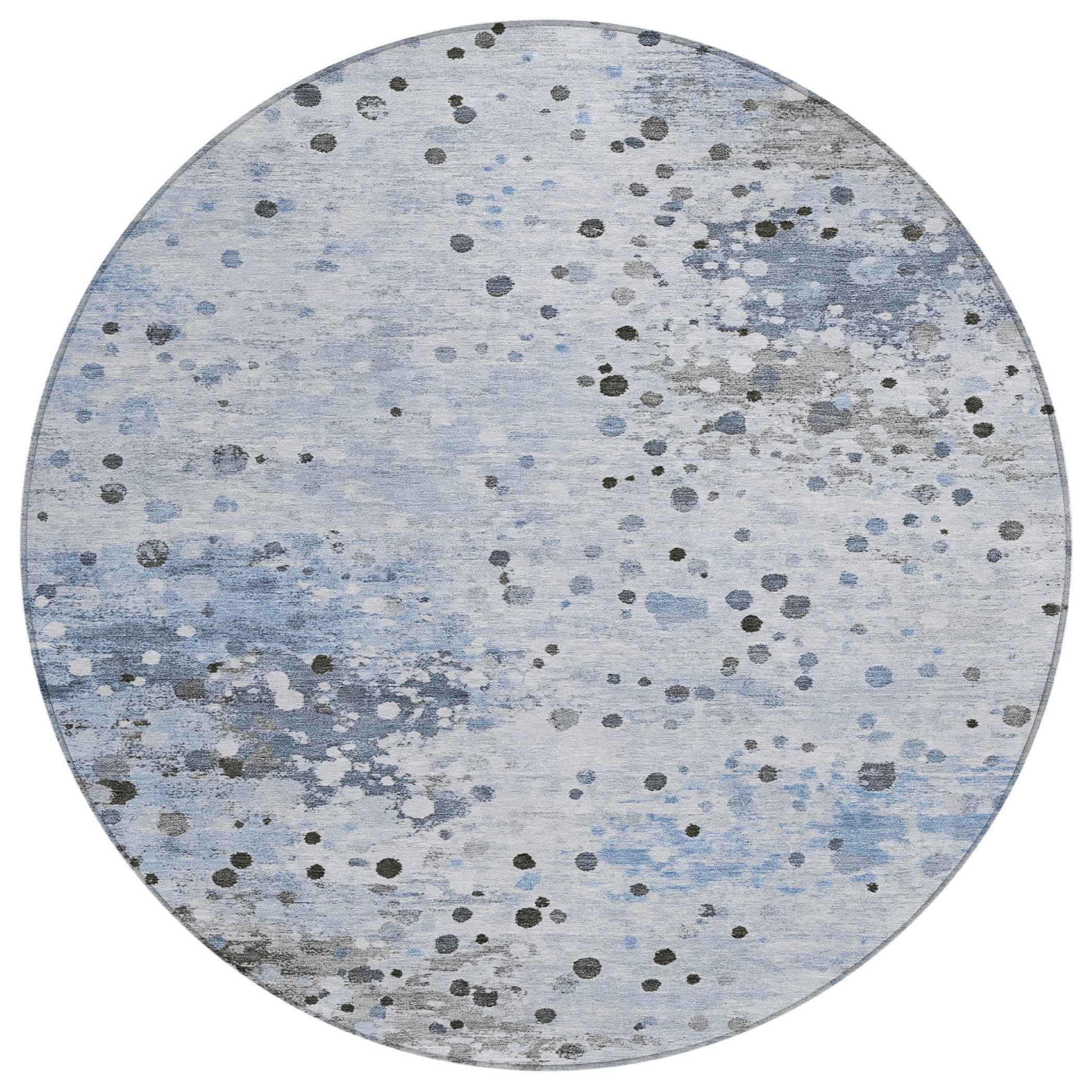 8' Sky Blue And Gray Round Abstract Washable Indoor Outdoor Area Rug