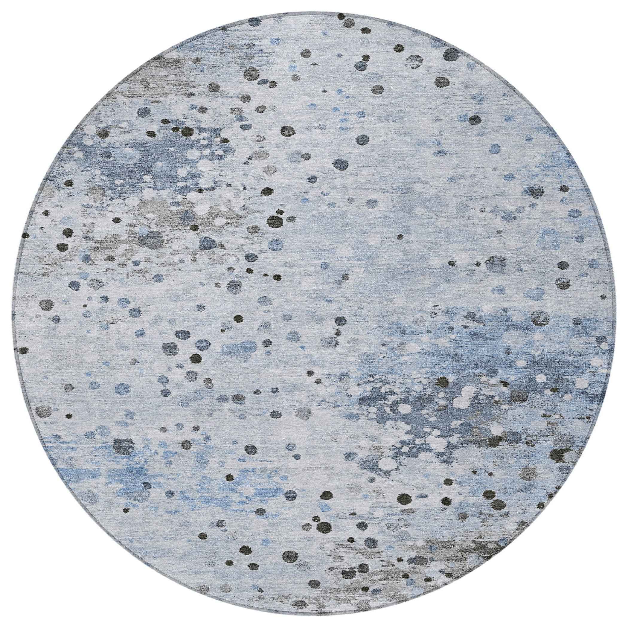 8' Sky Blue And Gray Round Abstract Washable Indoor Outdoor Area Rug