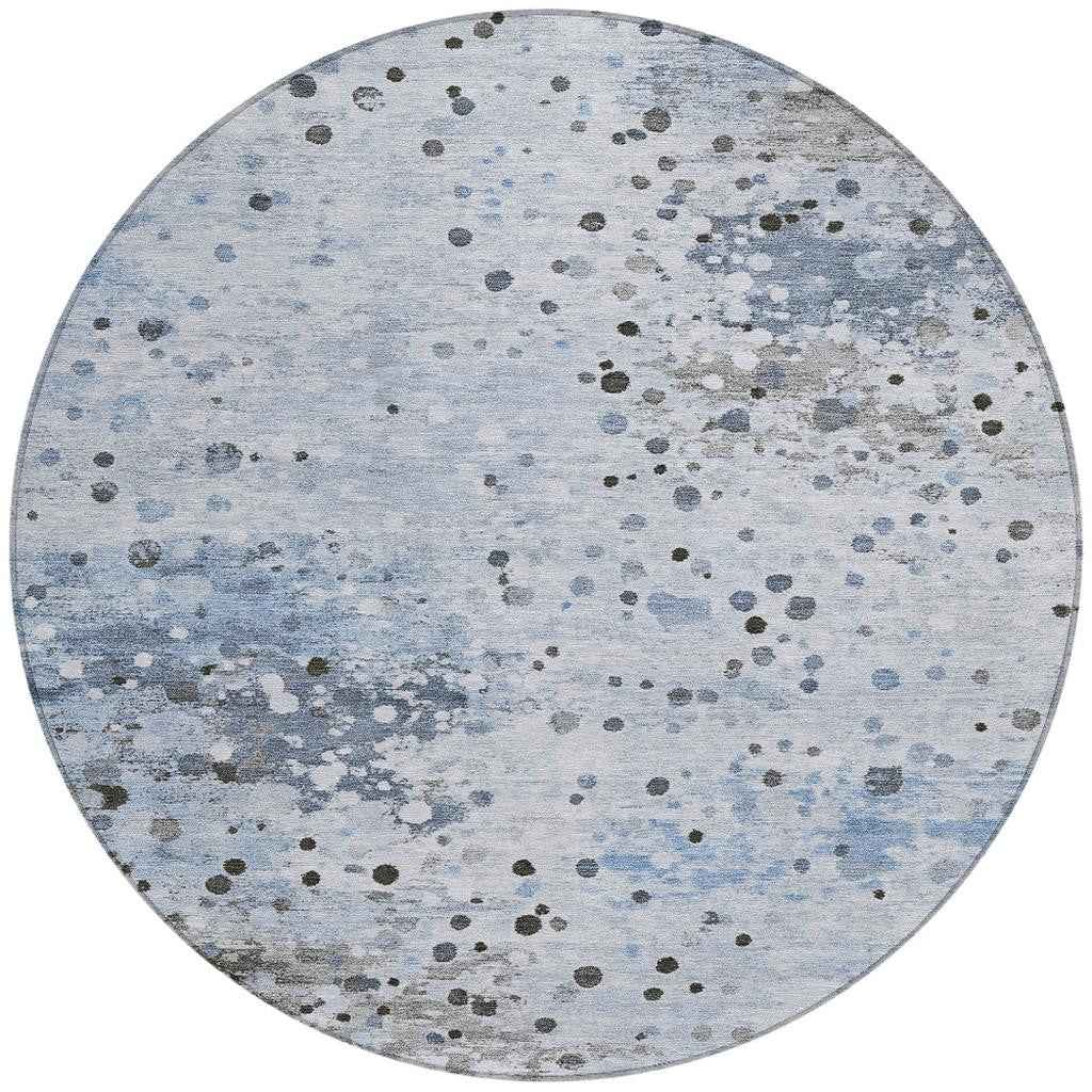 8' Sky Blue And Gray Round Abstract Washable Indoor Outdoor Area Rug