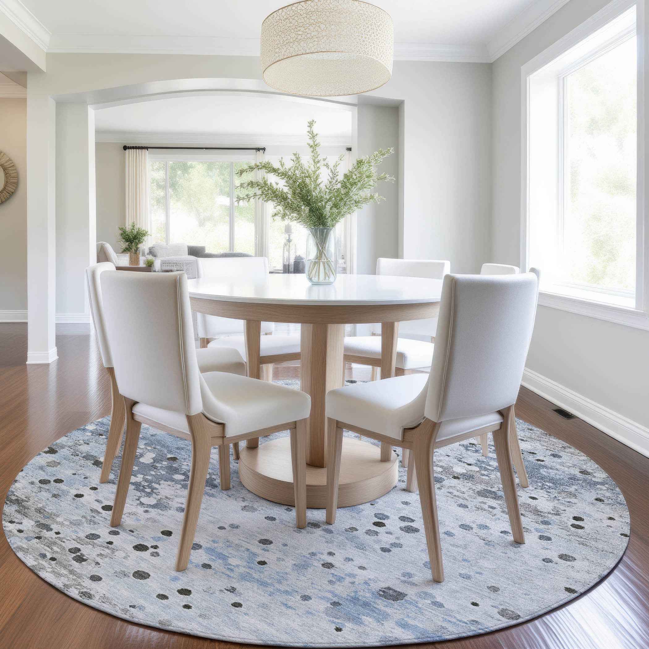 8' Sky Blue And Gray Round Abstract Washable Indoor Outdoor Area Rug