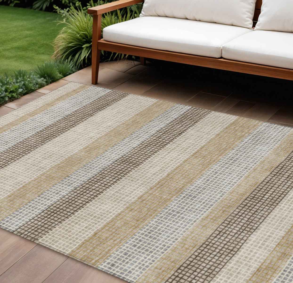 8' X 10' Beige And Ivory Striped Washable Indoor Outdoor Area Rug