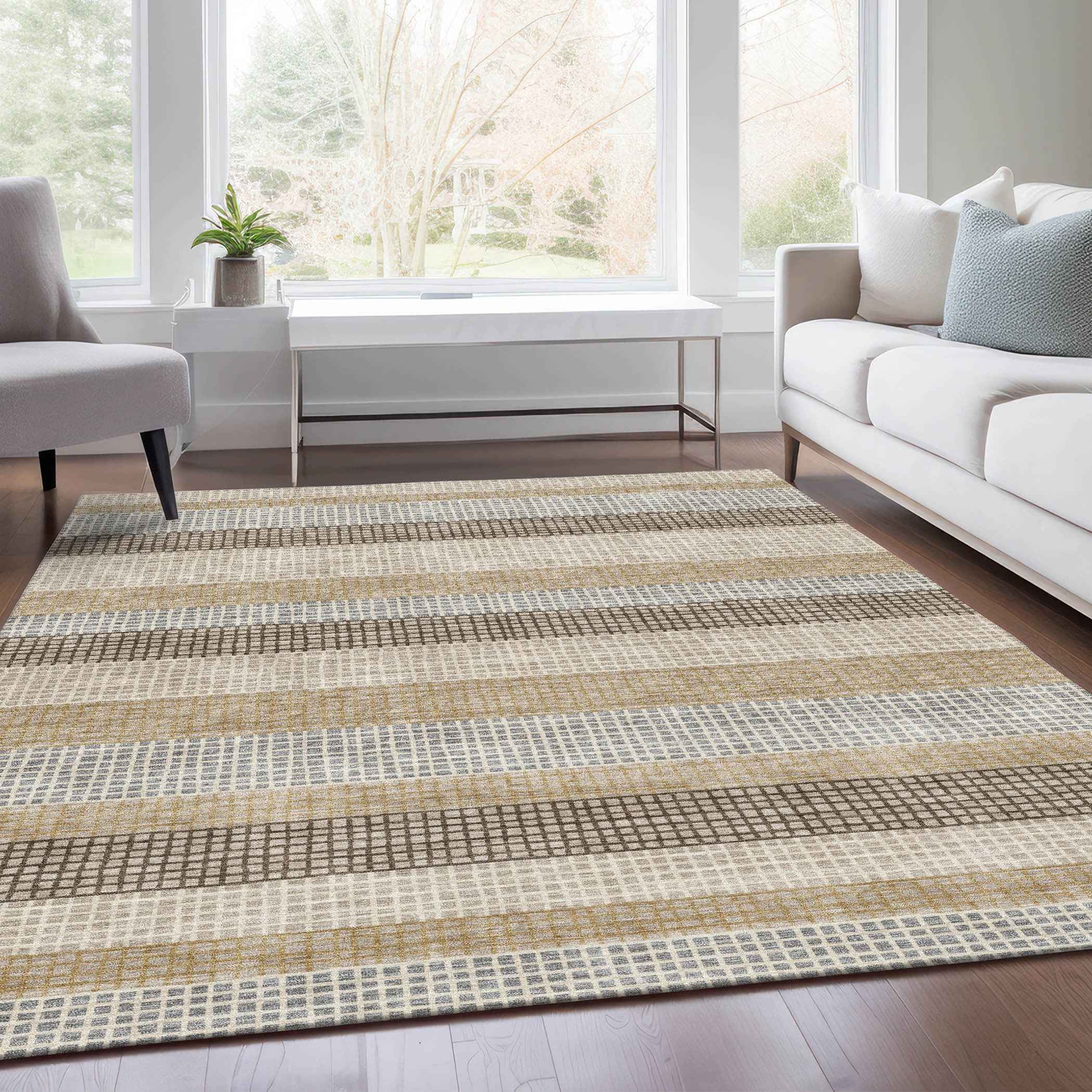 8' X 10' Beige And Ivory Striped Washable Indoor Outdoor Area Rug