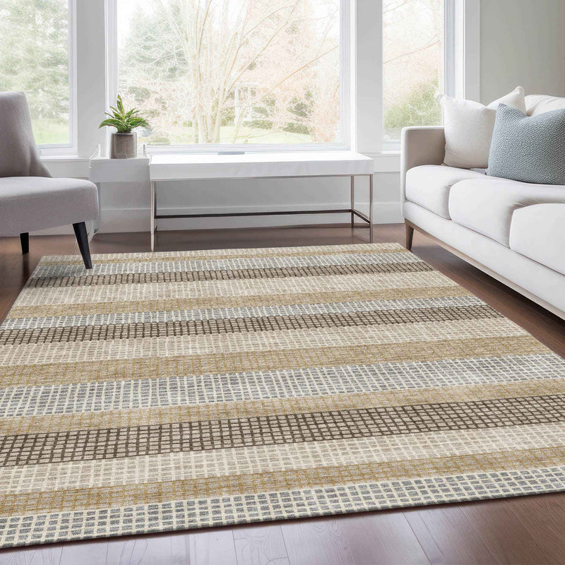 8' X 10' Beige And Ivory Striped Washable Indoor Outdoor Area Rug