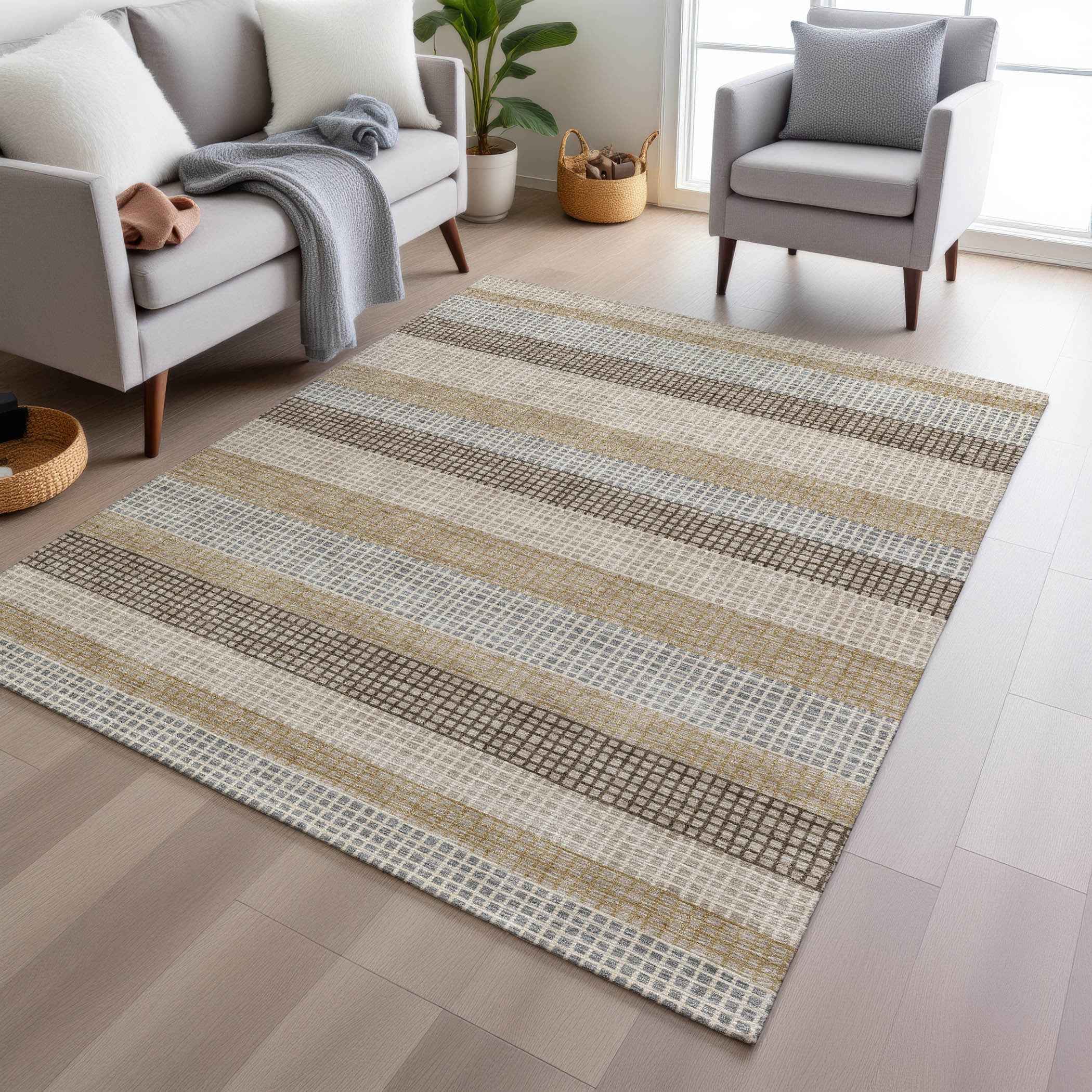 8' X 10' Beige And Ivory Striped Washable Indoor Outdoor Area Rug