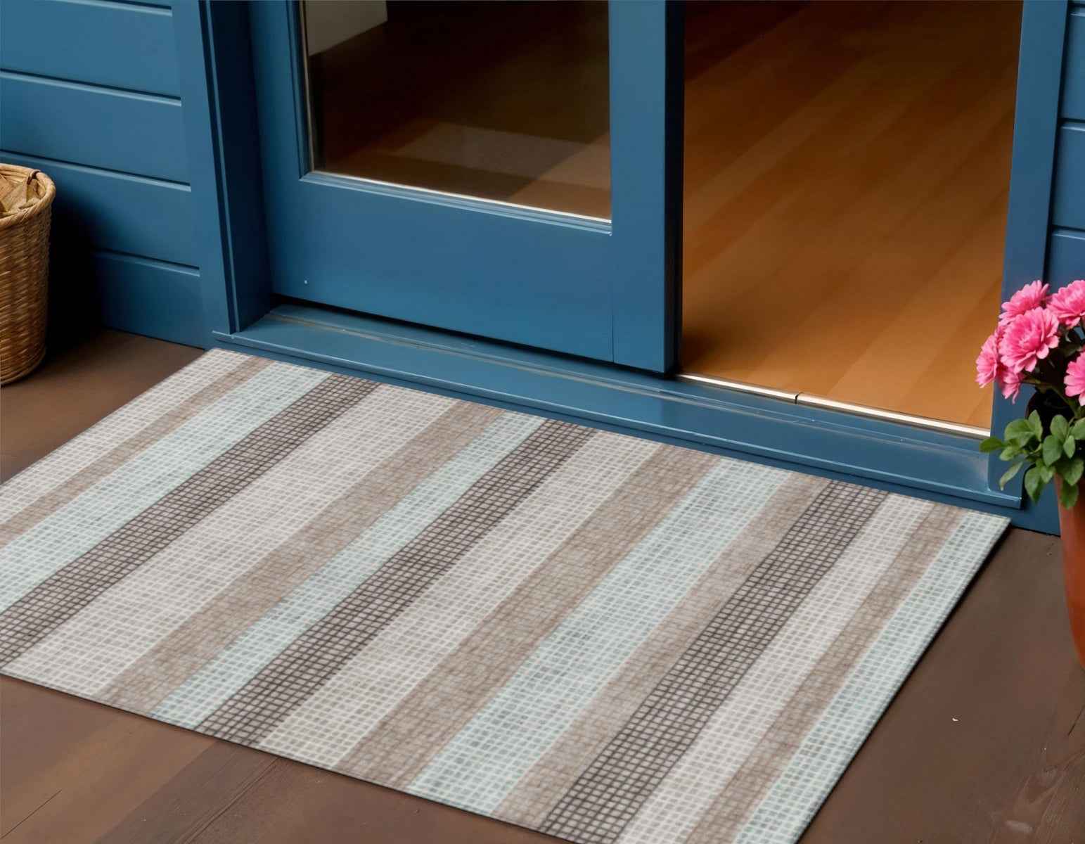 3' X 5' Taupe And Ivory Striped Washable Indoor Outdoor Area Rug