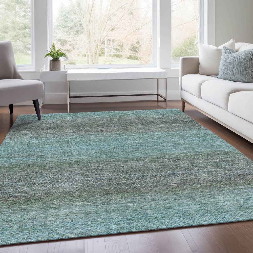 5' X 8' Teal Blue And Brown Geometric Washable Indoor Outdoor Area Rug