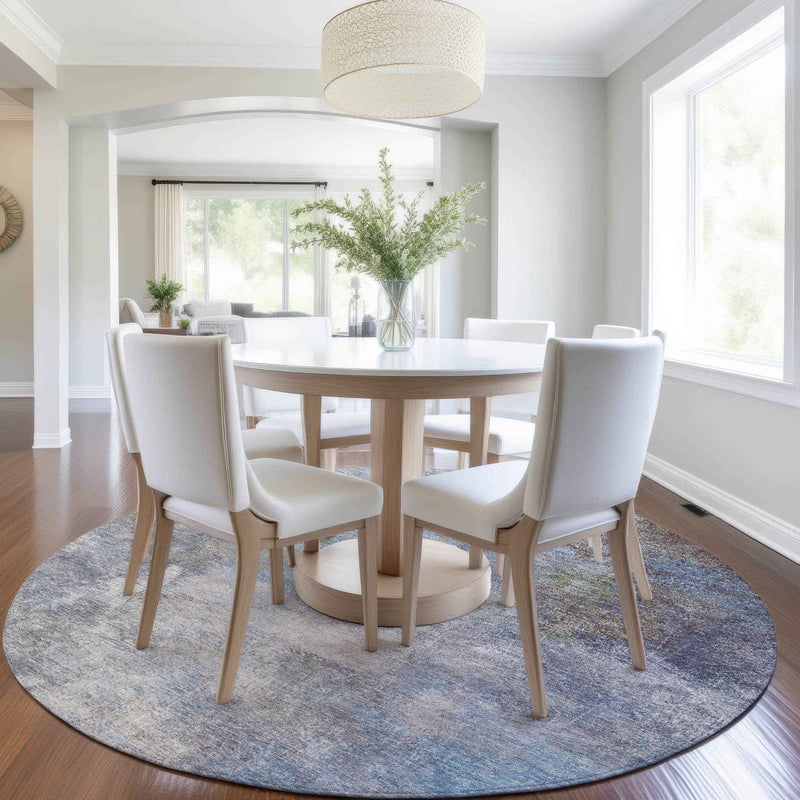 8' Denim Blue And Ivory Round Abstract Washable Indoor Outdoor Area Rug