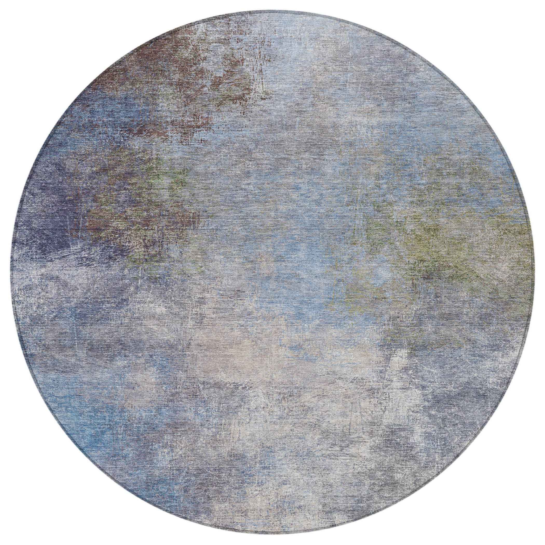 8' Denim Blue And Ivory Round Abstract Washable Indoor Outdoor Area Rug