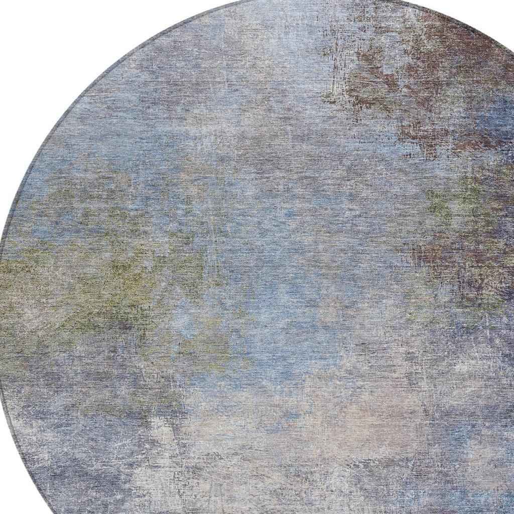8' Denim Blue And Ivory Round Abstract Washable Indoor Outdoor Area Rug
