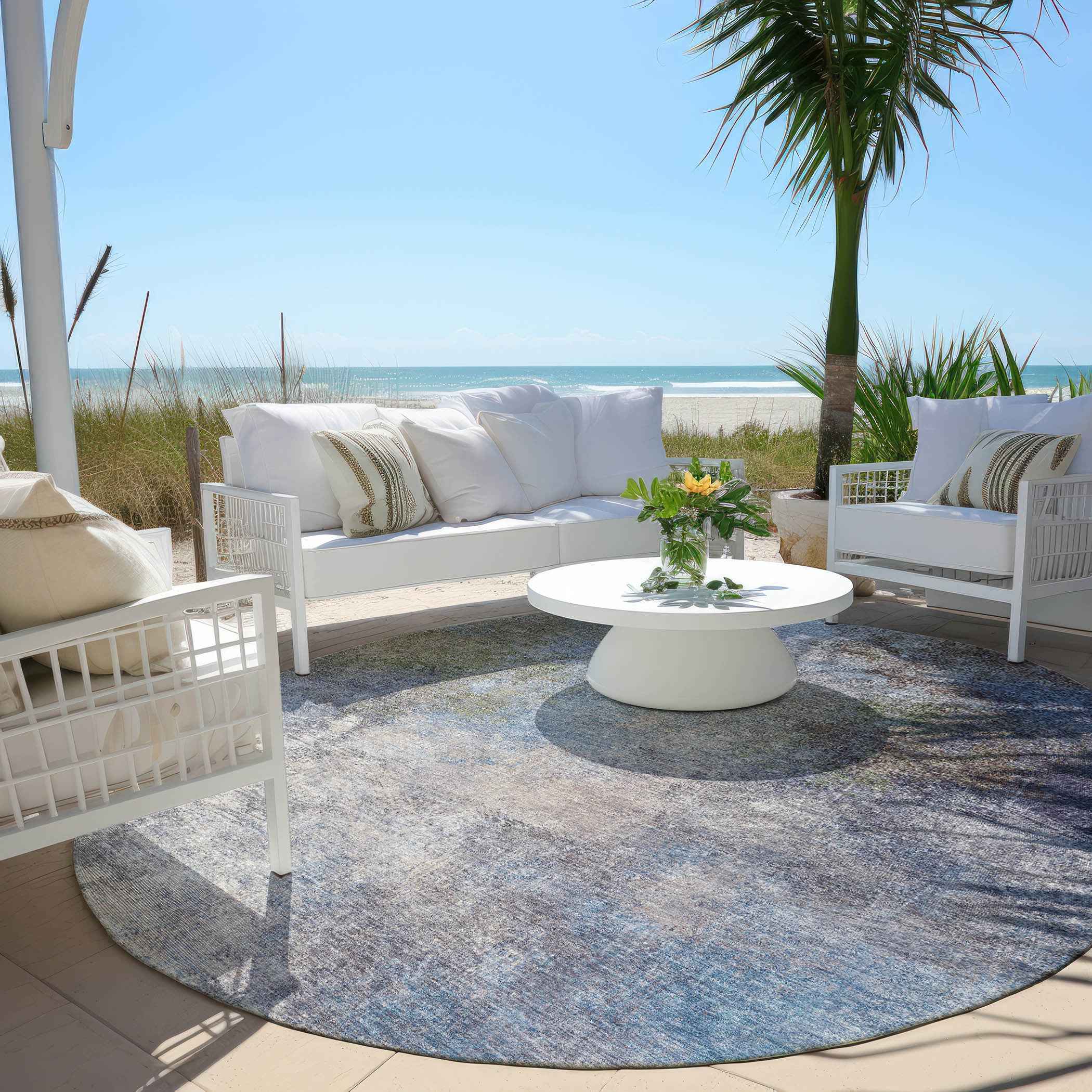 8' Denim Blue And Ivory Round Abstract Washable Indoor Outdoor Area Rug