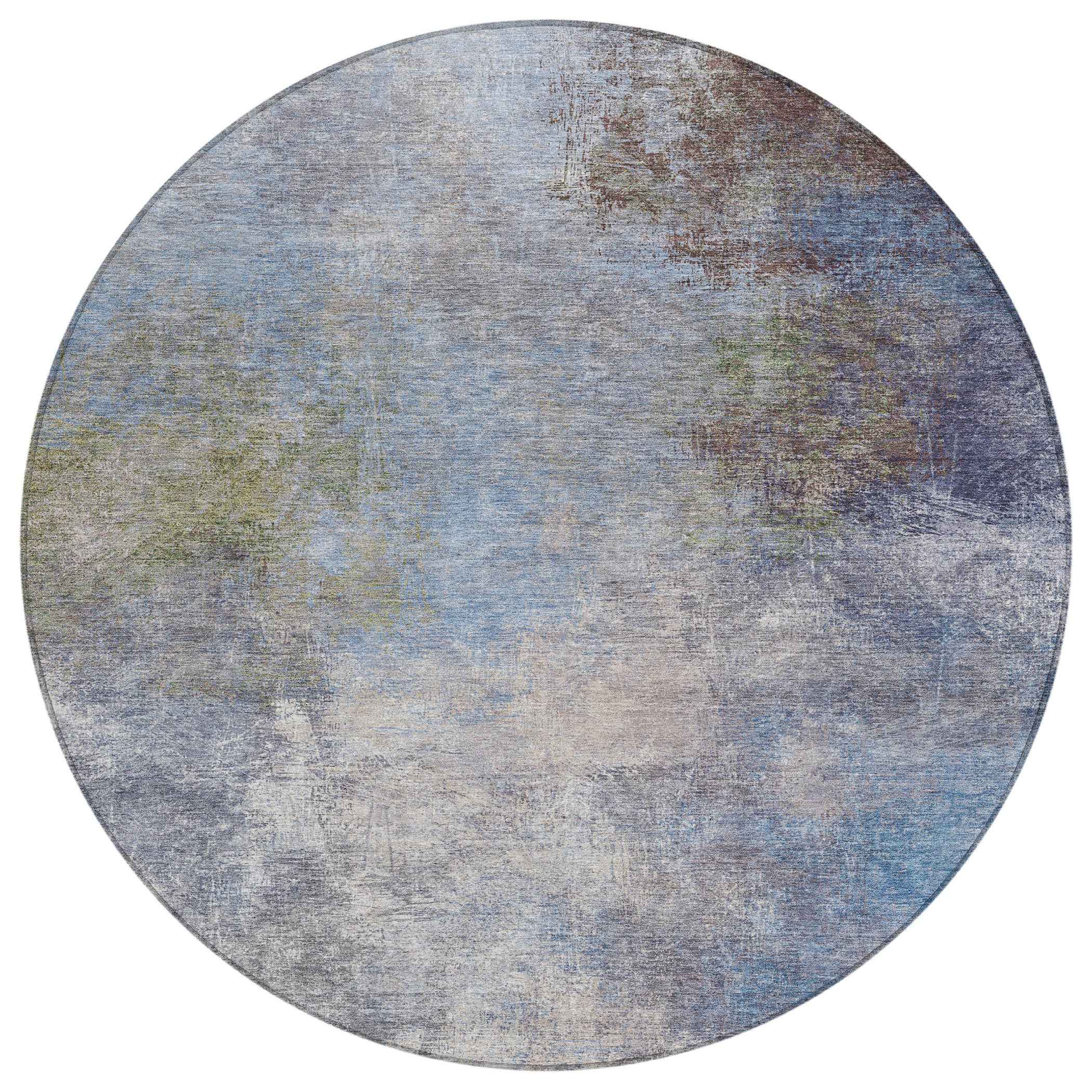 8' Denim Blue And Ivory Round Abstract Washable Indoor Outdoor Area Rug