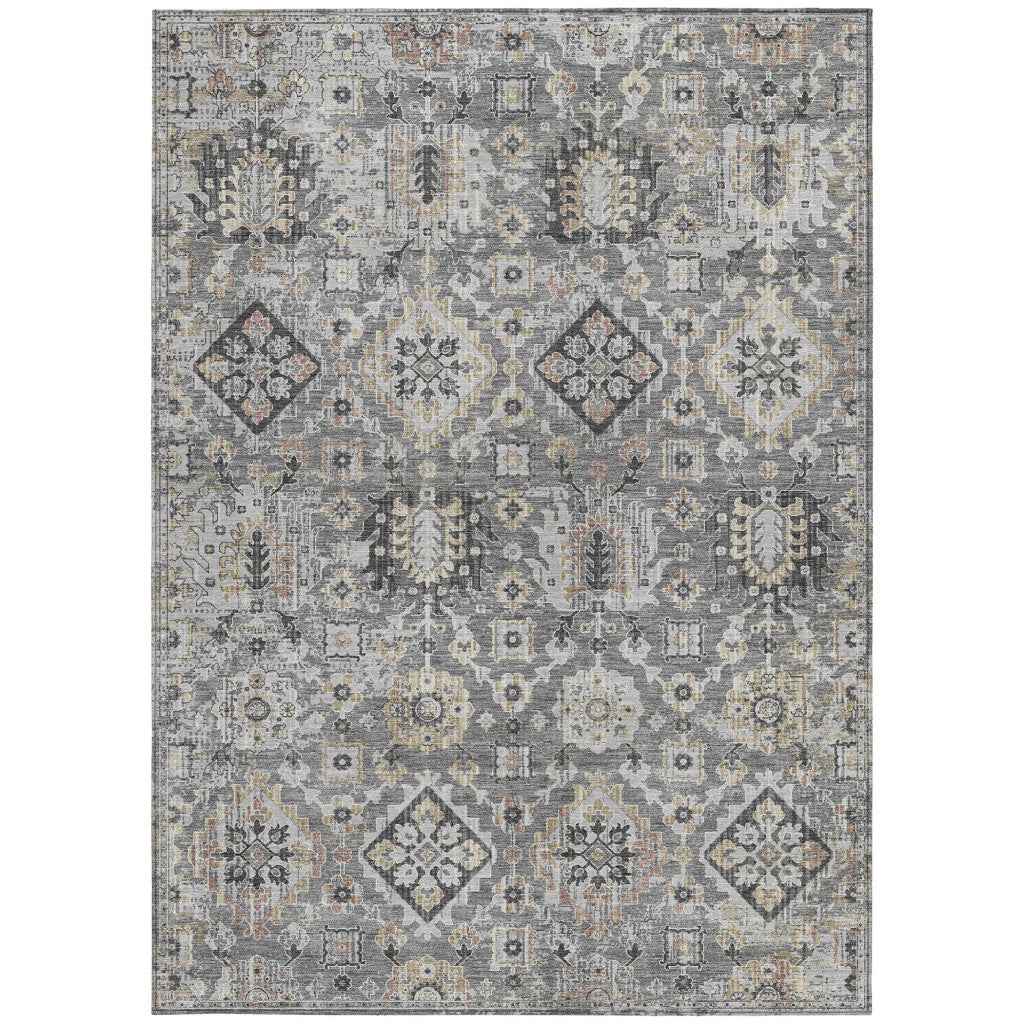 10' X 14' Gray And Copper Floral Medallion Washable Indoor Outdoor Area Rug