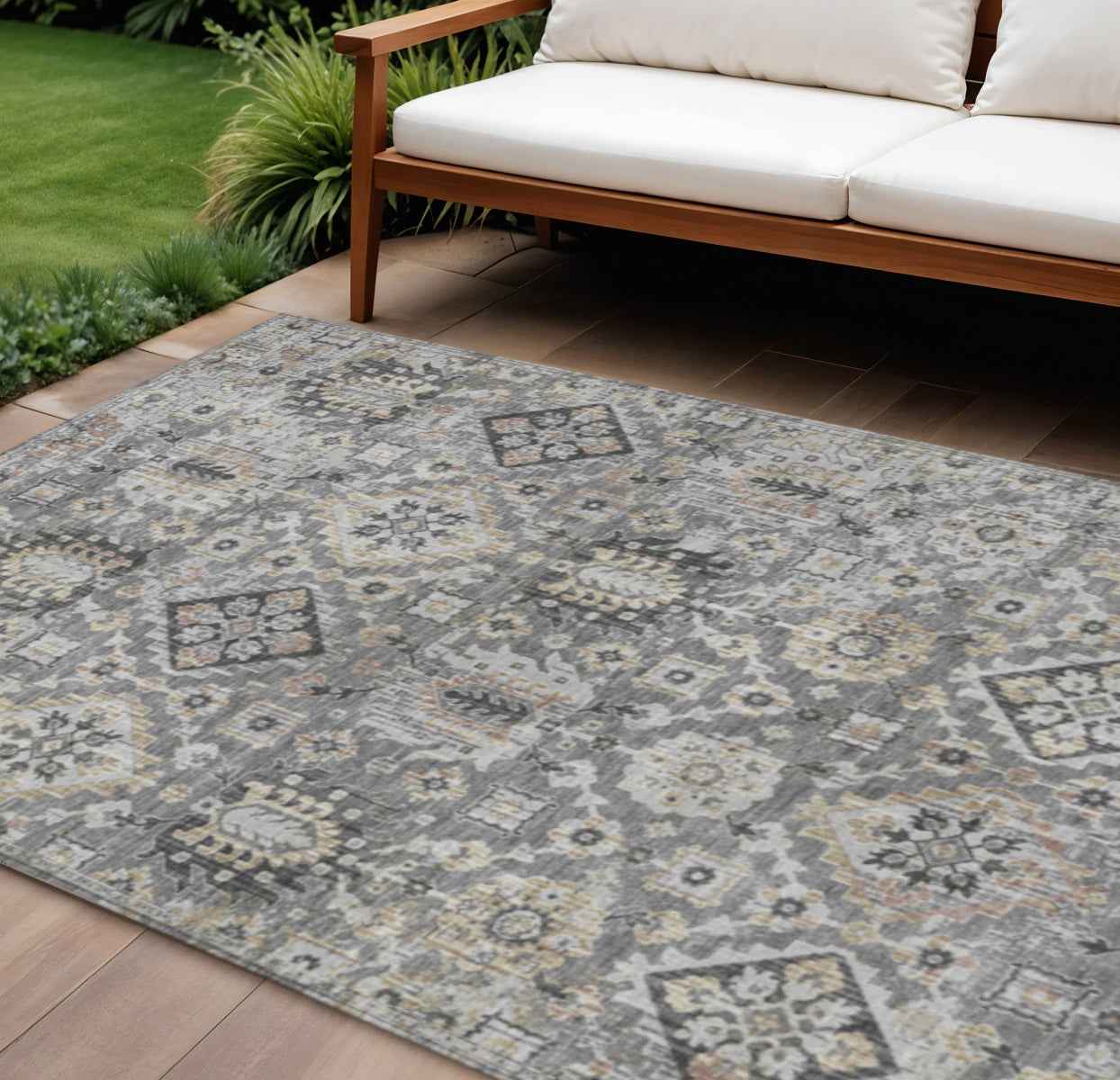 10' X 14' Gray And Copper Floral Medallion Washable Indoor Outdoor Area Rug