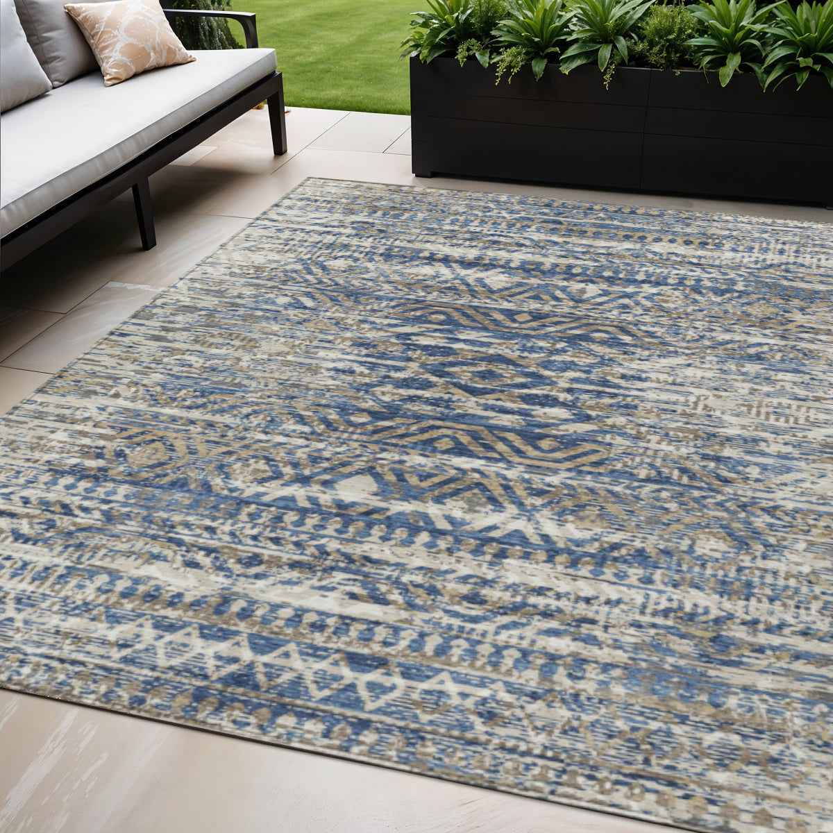 5' X 8' Blue And Beige Moroccan Washable Indoor Outdoor Area Rug