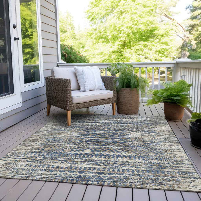 5' X 8' Blue And Beige Moroccan Washable Indoor Outdoor Area Rug
