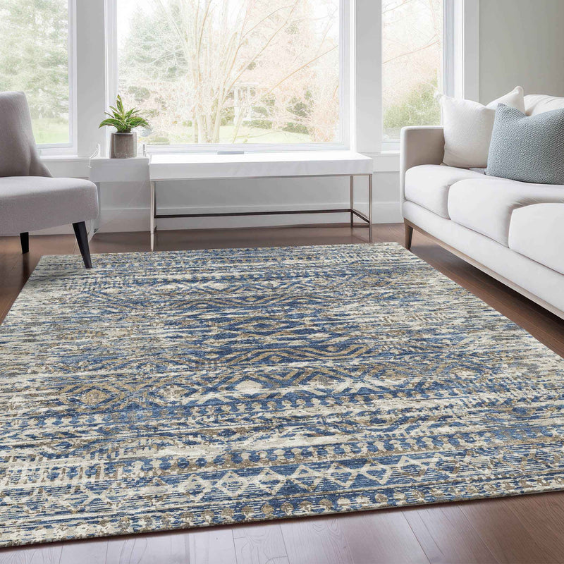 5' X 8' Blue And Beige Moroccan Washable Indoor Outdoor Area Rug