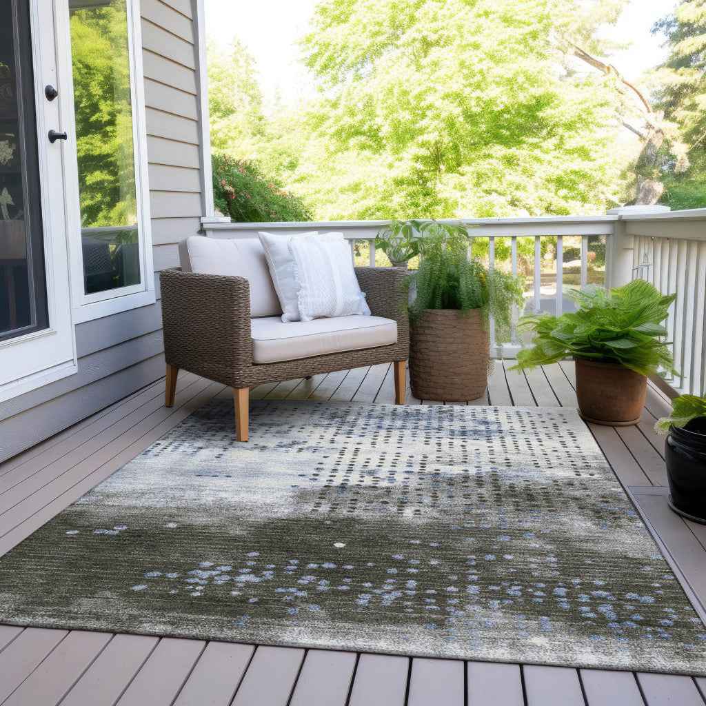 10' X 14' Denim Blue And Brown Geometric Washable Indoor Outdoor Area Rug
