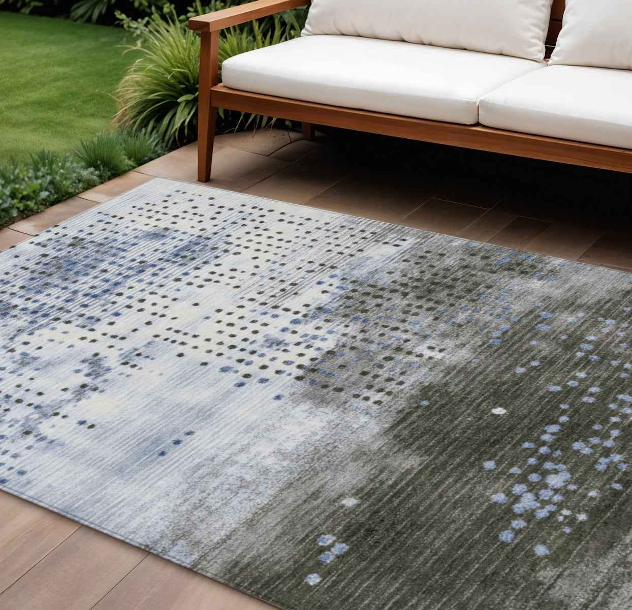 10' X 14' Denim Blue And Brown Geometric Washable Indoor Outdoor Area Rug