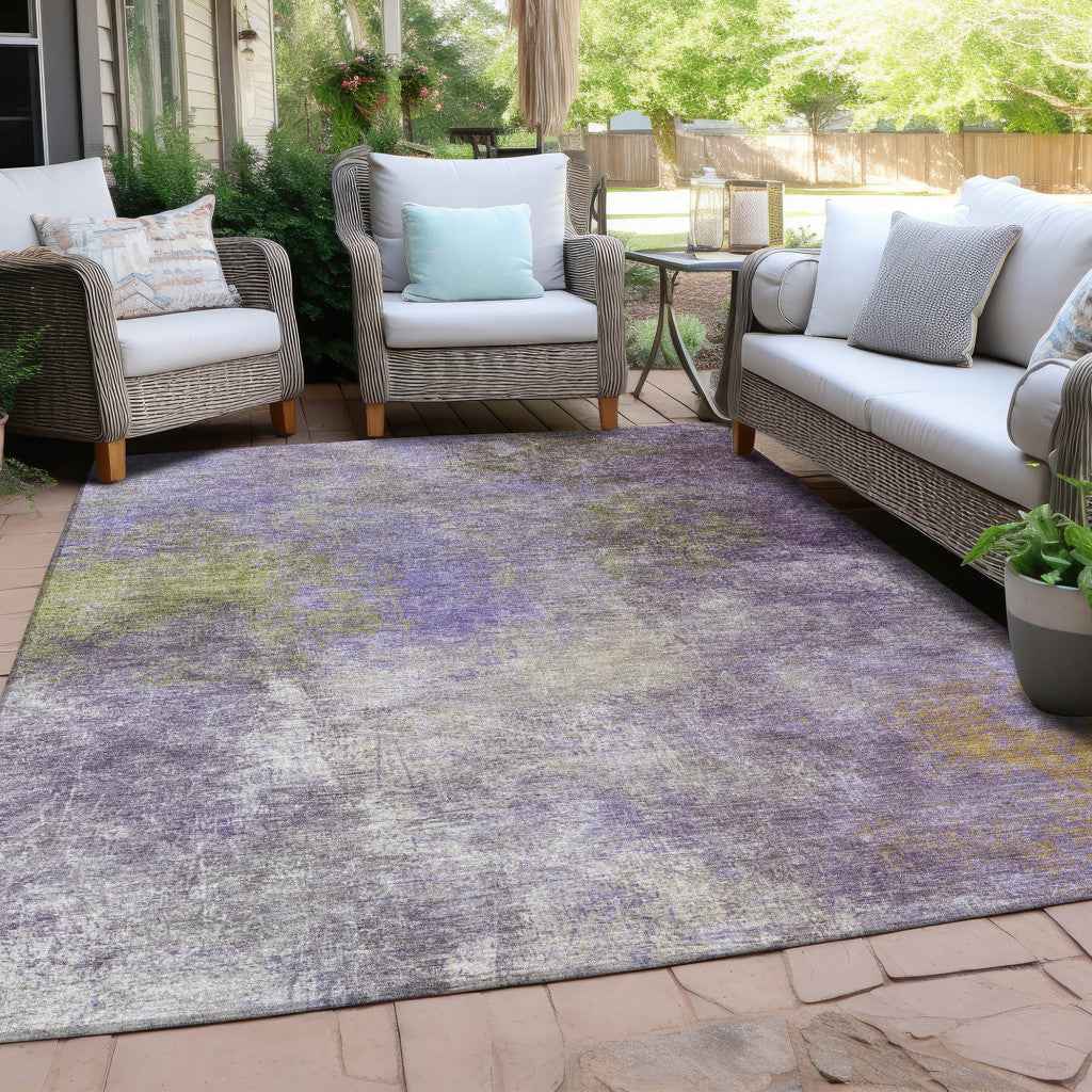 3' X 5' Purple And Olive Green Abstract Washable Indoor Outdoor Area Rug