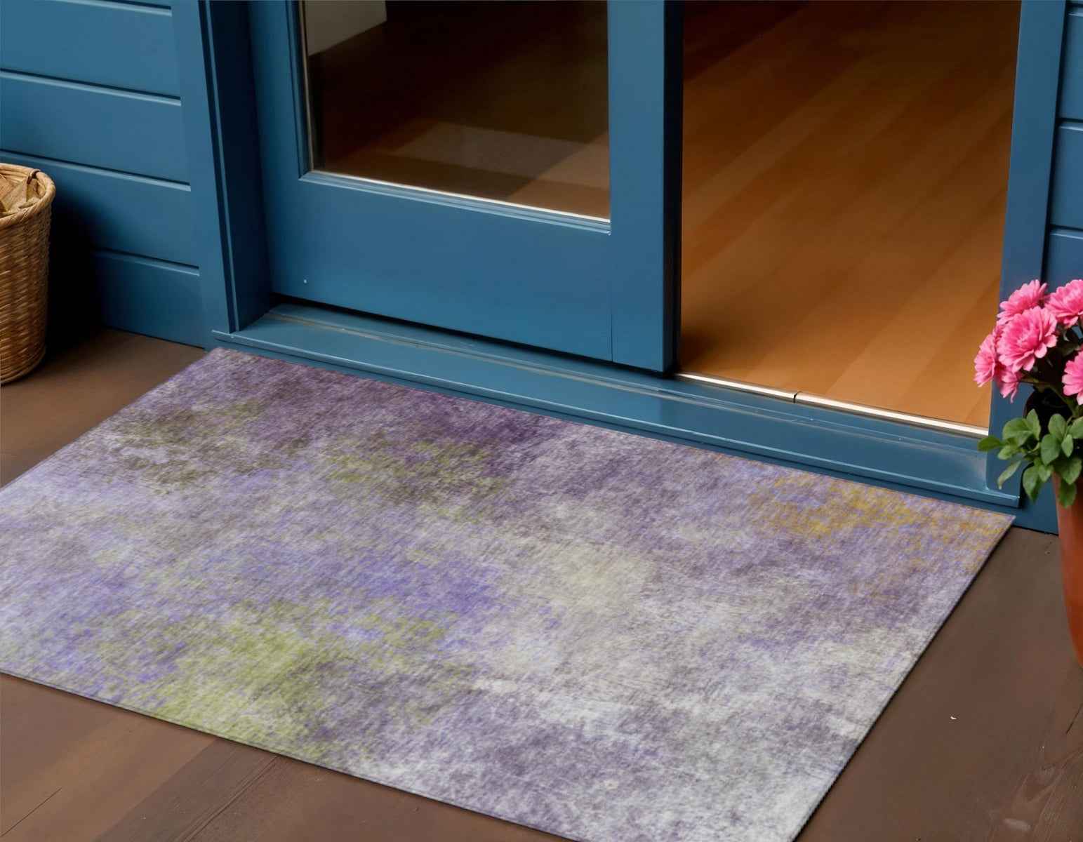 3' X 5' Purple And Olive Green Abstract Washable Indoor Outdoor Area Rug