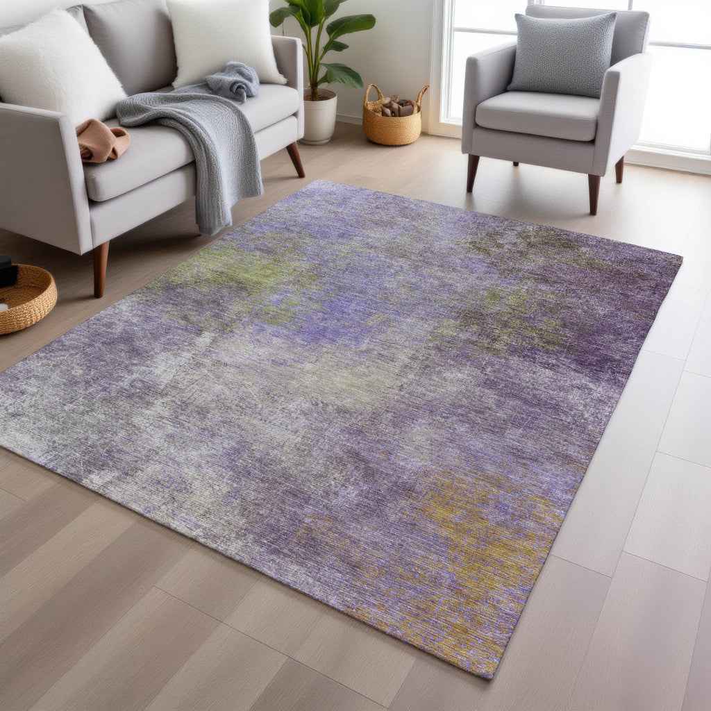 3' X 5' Purple And Olive Green Abstract Washable Indoor Outdoor Area Rug