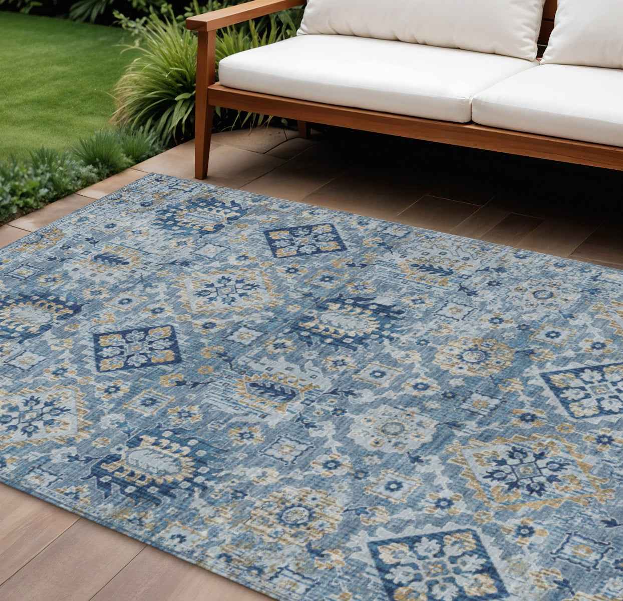 10' X 14' Denim Blue And Gold Floral Medallion Washable Indoor Outdoor Area Rug