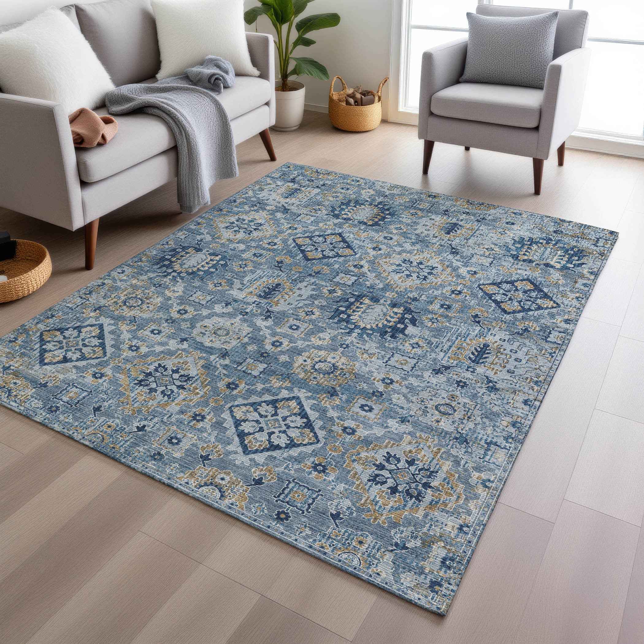 10' X 14' Denim Blue And Gold Floral Medallion Washable Indoor Outdoor Area Rug