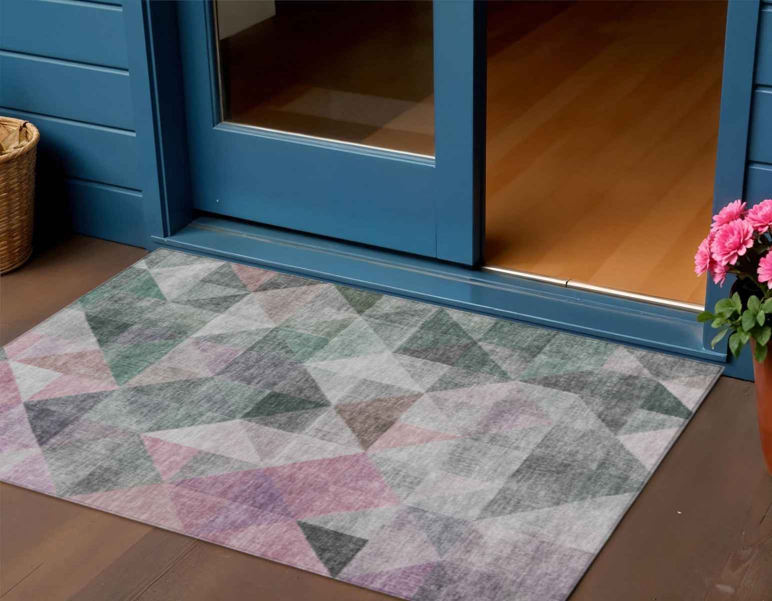 3' X 5' Blush And Green Geometric Washable Indoor Outdoor Area Rug