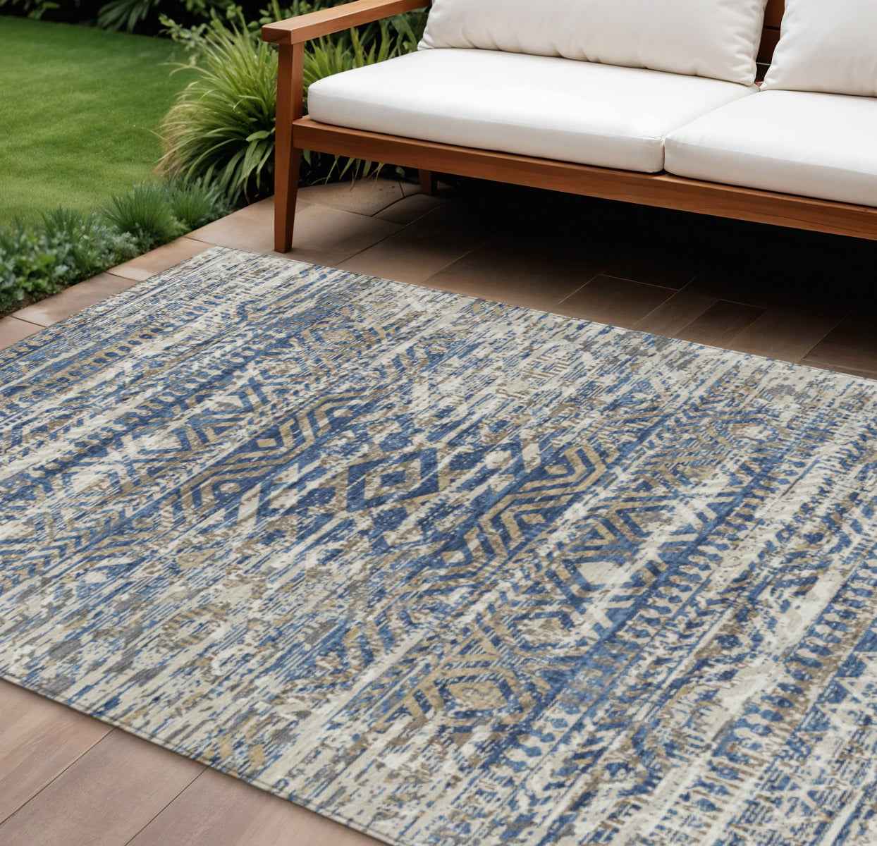 9' X 12' Blue And Beige Moroccan Washable Indoor Outdoor Area Rug