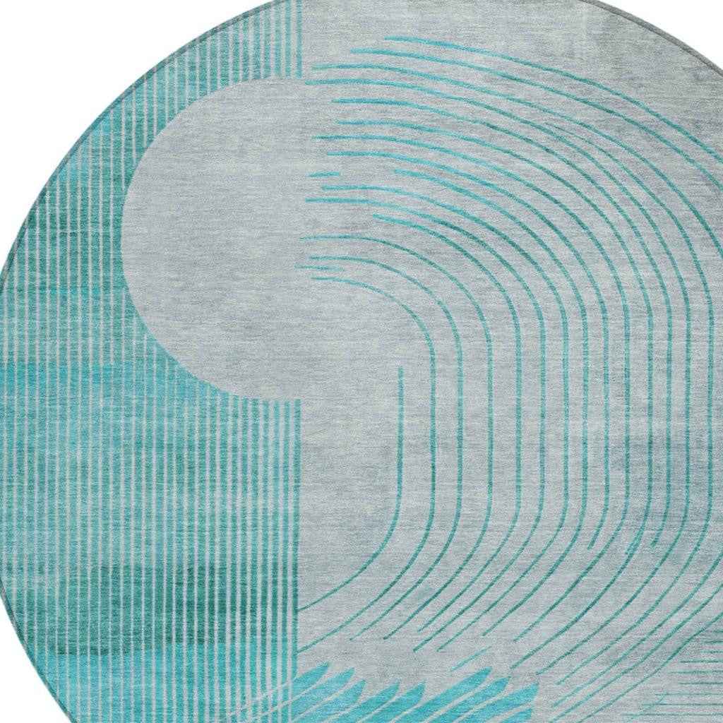 8' Teal Blue And Beige Round Geometric Washable Indoor Outdoor Area Rug