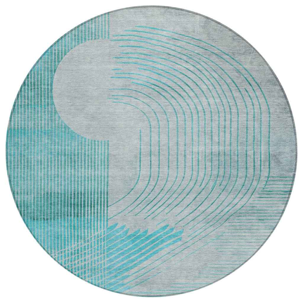 8' Teal Blue And Beige Round Geometric Washable Indoor Outdoor Area Rug