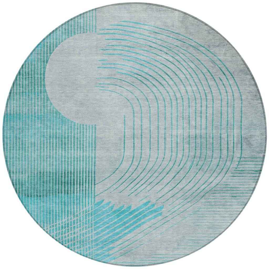 8' Teal Blue And Beige Round Geometric Washable Indoor Outdoor Area Rug