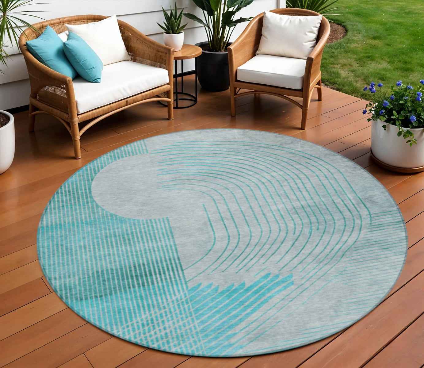 8' Teal Blue And Beige Round Geometric Washable Indoor Outdoor Area Rug