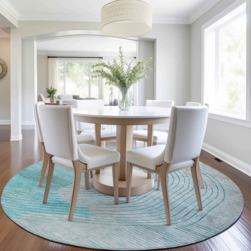 8' Teal Blue And Beige Round Geometric Washable Indoor Outdoor Area Rug