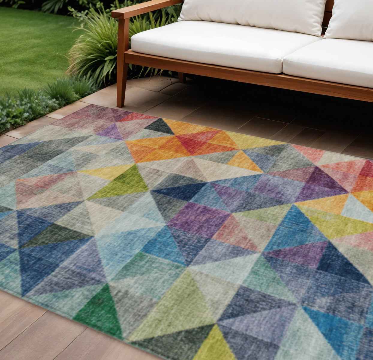 8' X 10' Beige Navy Blue And Orange Geometric Washable Indoor Outdoor Area Rug