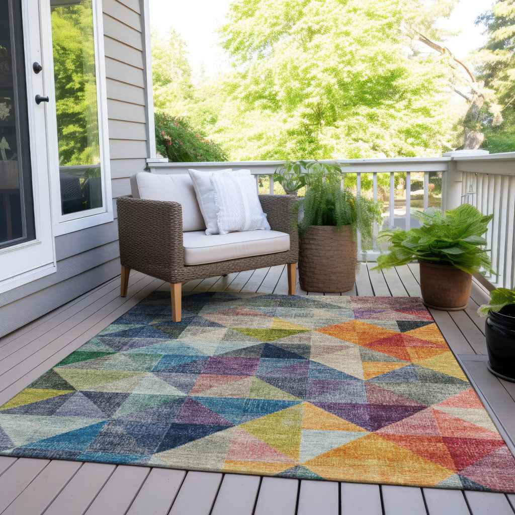 8' X 10' Beige Navy Blue And Orange Geometric Washable Indoor Outdoor Area Rug