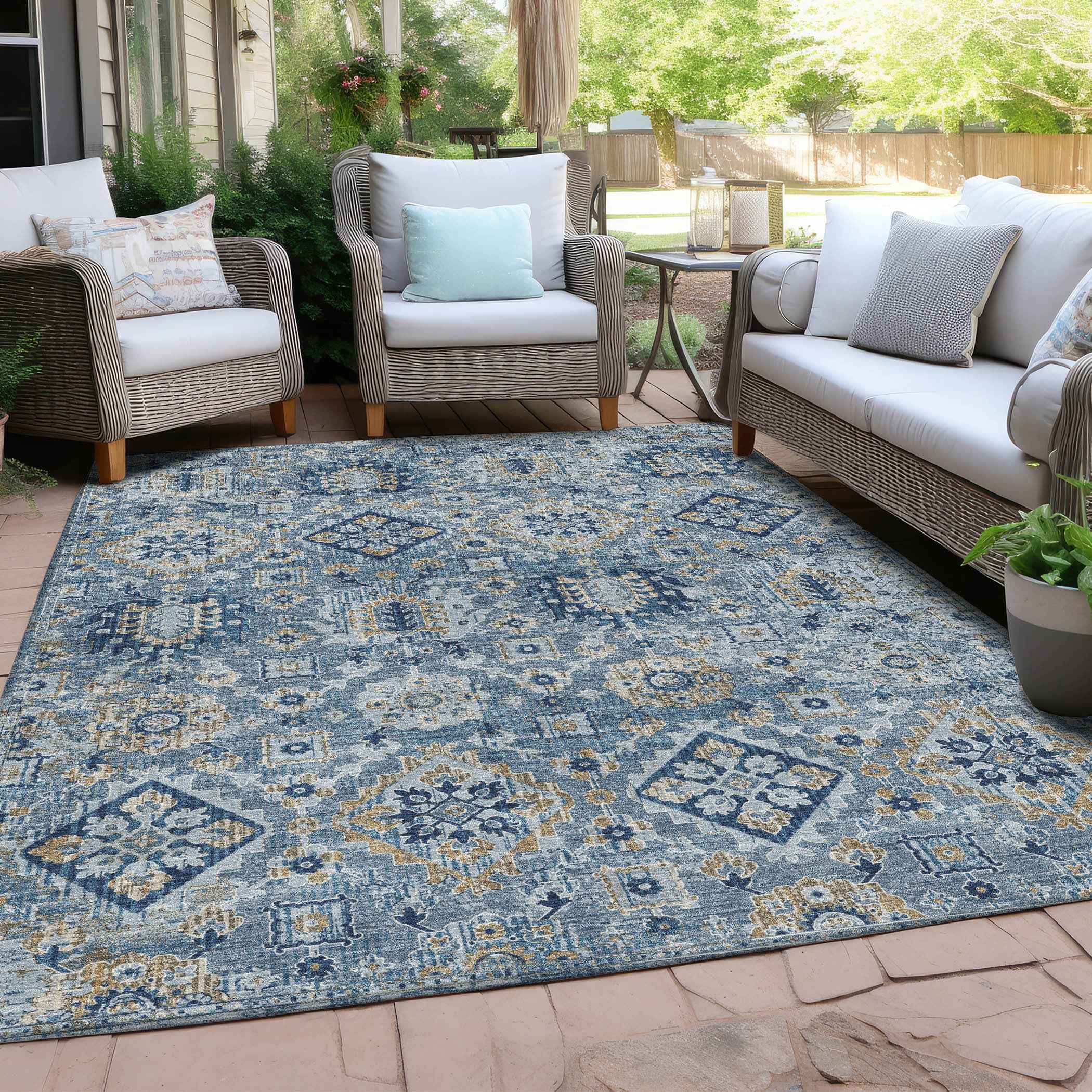9' X 12' Denim Blue And Gold Floral Medallion Washable Indoor Outdoor Area Rug