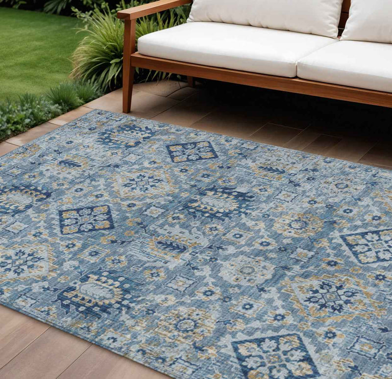 9' X 12' Denim Blue And Gold Floral Medallion Washable Indoor Outdoor Area Rug