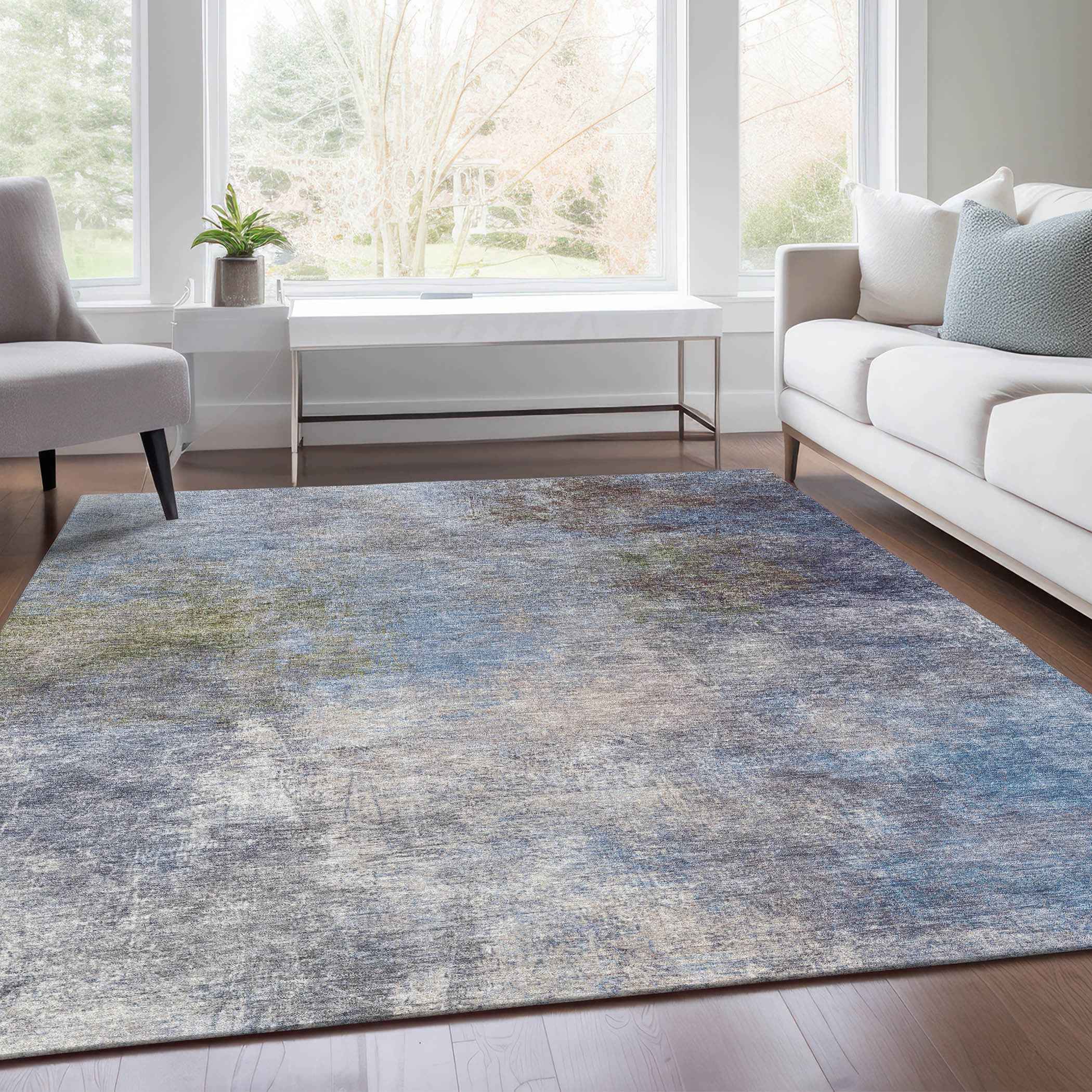 3' X 5' Denim Blue And Ivory Abstract Washable Indoor Outdoor Area Rug