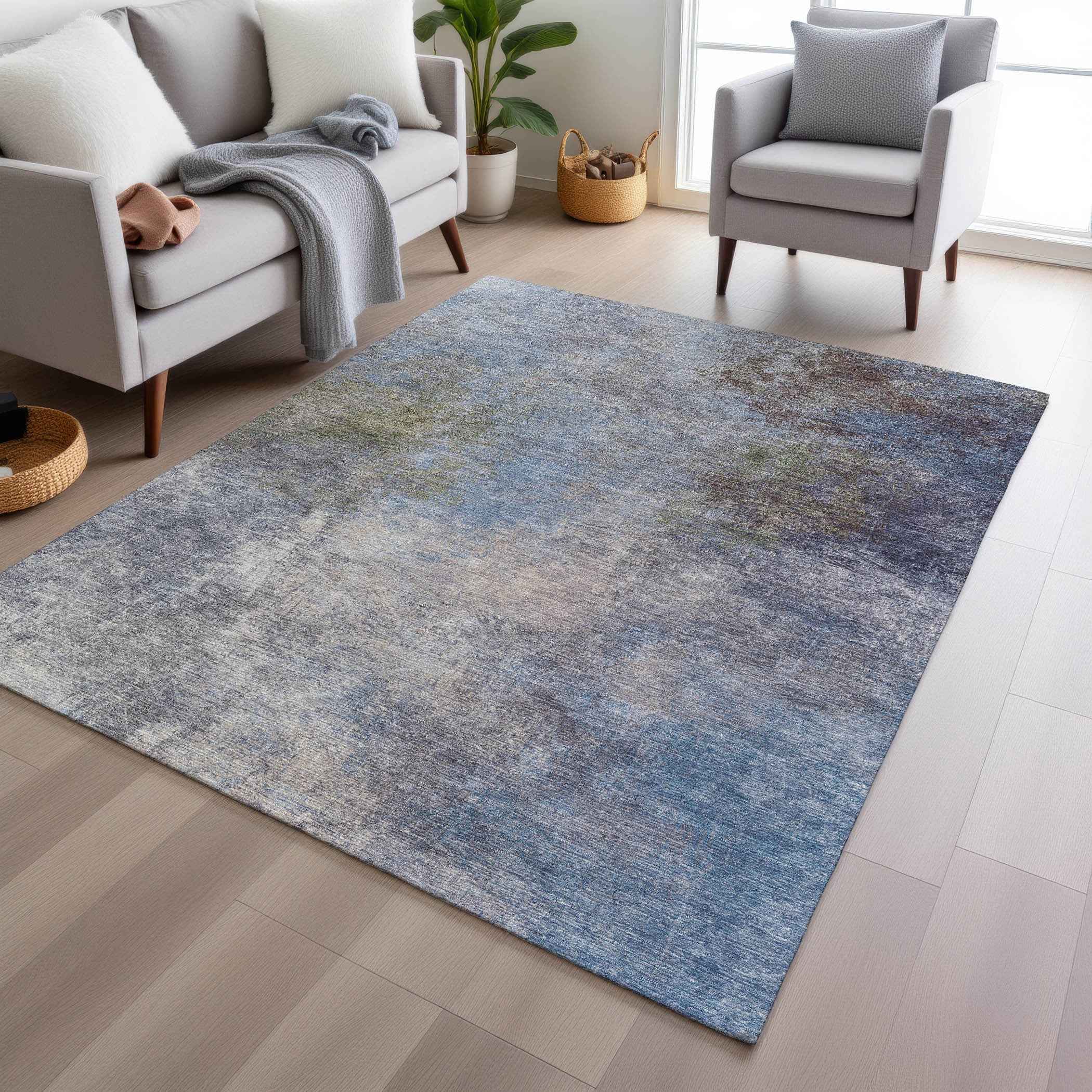 3' X 5' Denim Blue And Ivory Abstract Washable Indoor Outdoor Area Rug