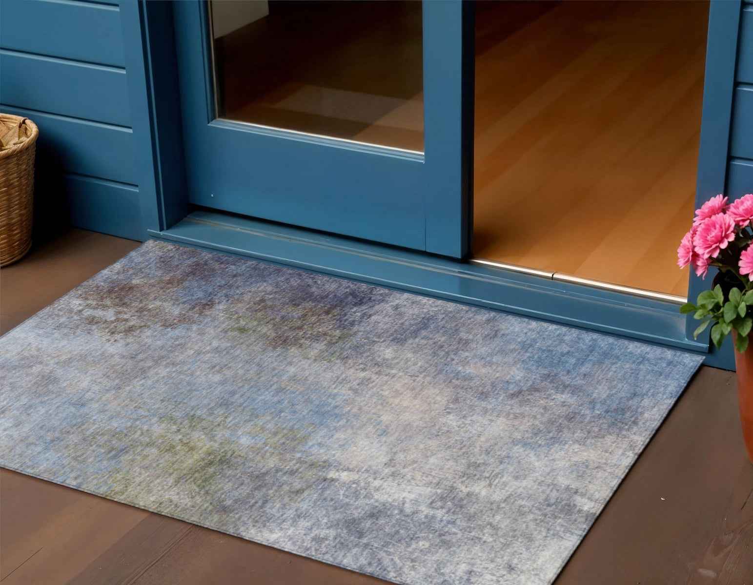 3' X 5' Denim Blue And Ivory Abstract Washable Indoor Outdoor Area Rug