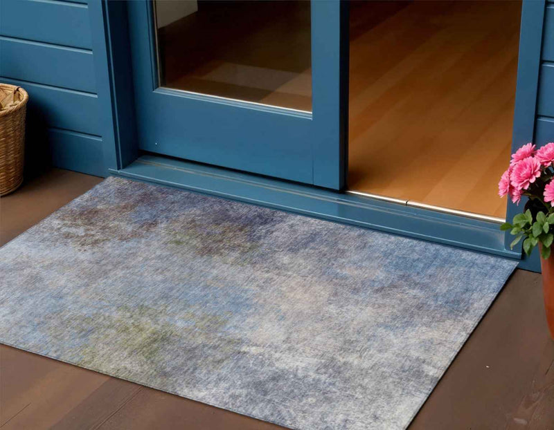 3' X 5' Denim Blue And Ivory Abstract Washable Indoor Outdoor Area Rug