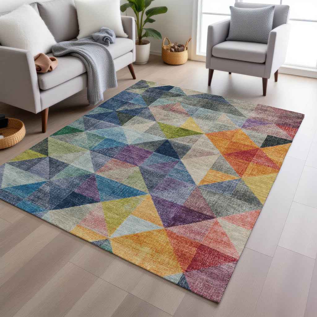 9' X 12' Beige Navy Blue And Orange Geometric Washable Indoor Outdoor Area Rug