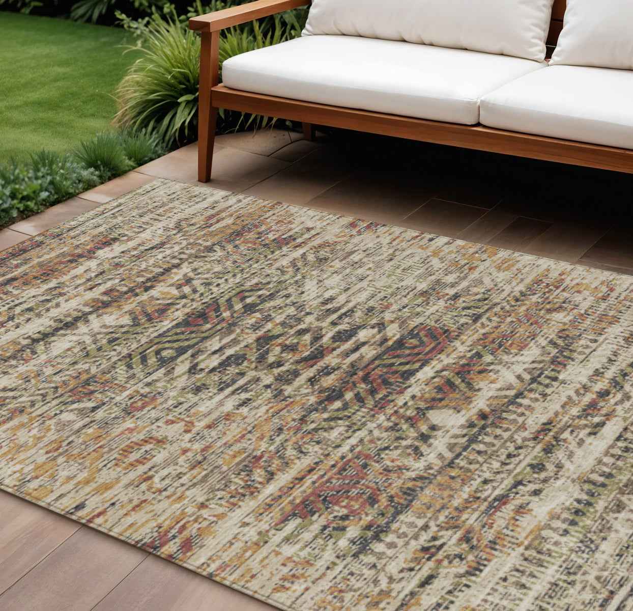 10' X 14' Beige And Fern Green Moroccan Washable Indoor Outdoor Area Rug